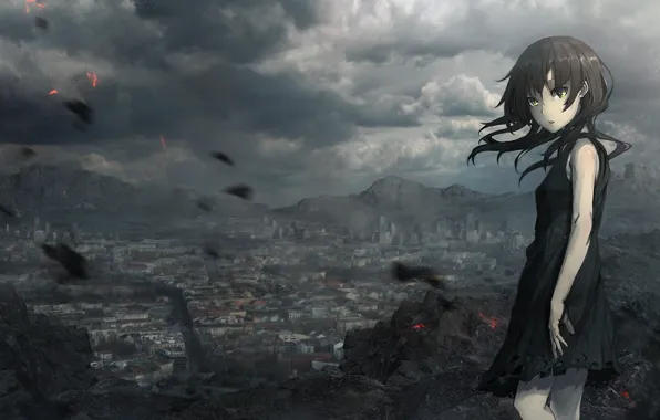 The sky, girl, clouds, mountains, the city, home, anime, art