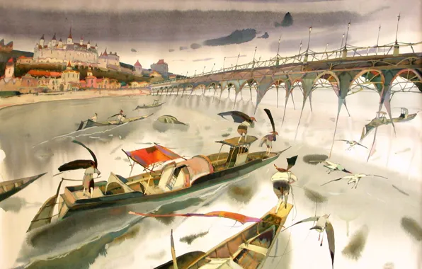 Boats, arch, town, ARUSHA VOZMUS, The Fourth Bridge, 2022