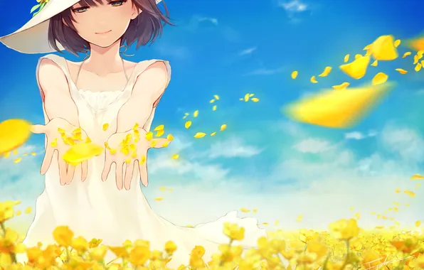 Field, girl, nature, anime, petals, art, hat, yuranpo