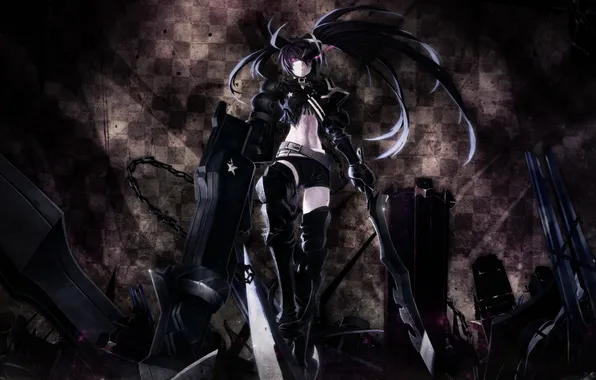 Picture girl, weapons, star, anime, art, chain, gun, black rock shooter