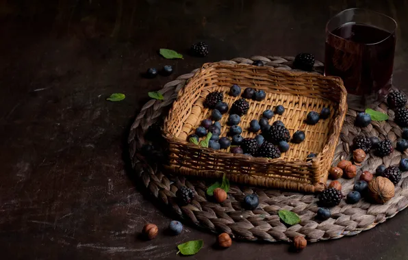 Glass, berries, blueberries, drink, BlackBerry, hazelnuts