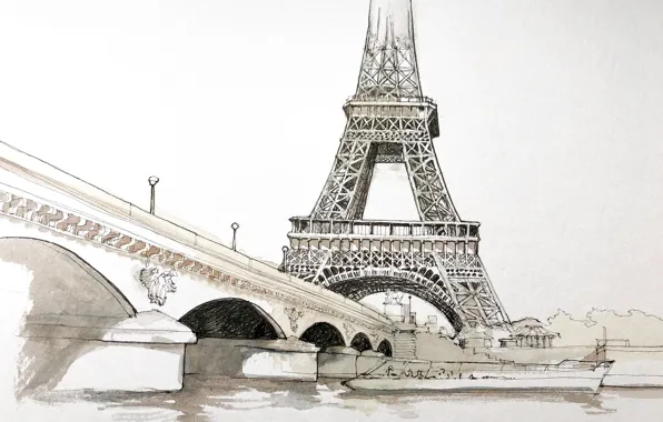 Picture figure, Paris, watercolor, Eiffel tower, the urban landscape, Jena bridge