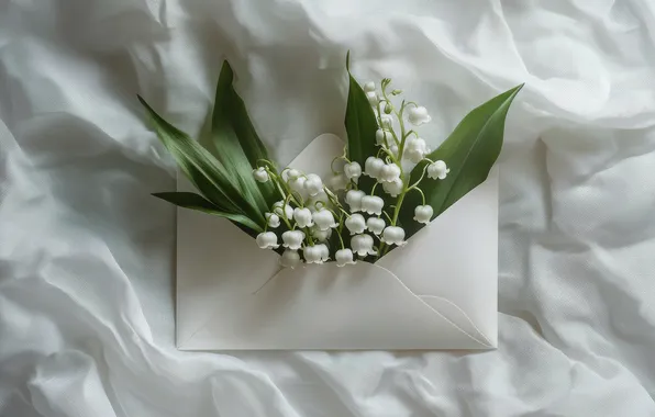 Leaves, flowers, holiday, white background, fabric, white, lilies of the valley, March 8