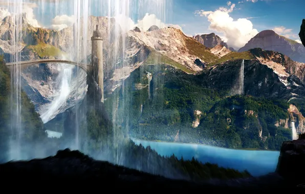 Forest, mountains, bridge, river, tower, liquid curtain