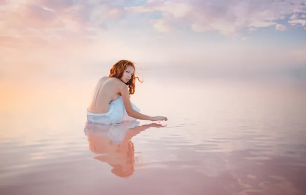 Sunset, Water, Clouds, Girl, Redhead, Oksana Butovo