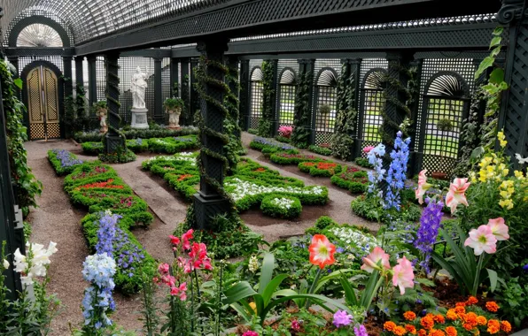 Flowers, statue, beds, greenhouse