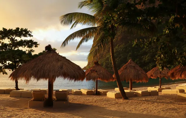 Beach, palm trees, umbrella, the ocean, Caribbean, mountain Piton, St. Lucia