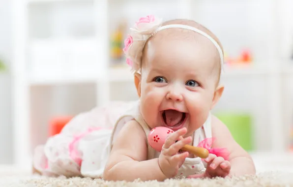 Picture joy, happiness, flowers, smile, girl, baby, rattle