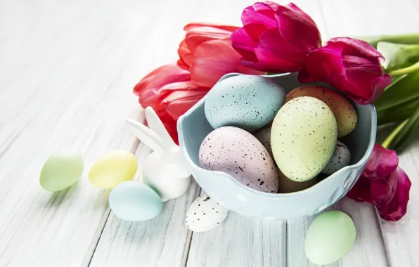 Picture flowers, eggs, spring, colorful, Easter, tulips, happy, wood