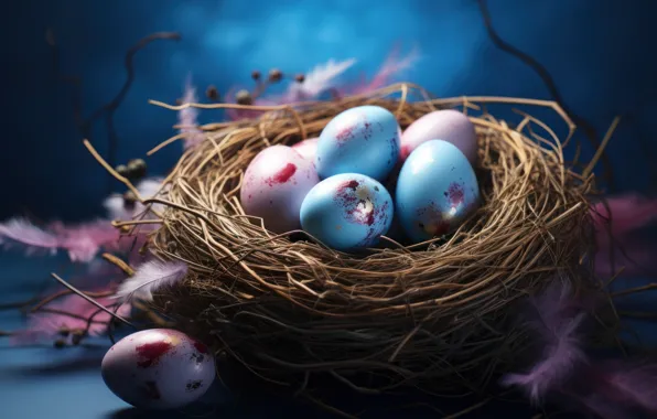 Flowers, holiday, eggs, spring, blue, Easter, socket, bokeh