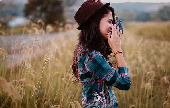 Girl, laughter, hat, brunette, laughs