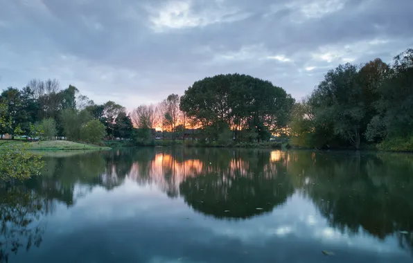 Trees, sunset, lake, home