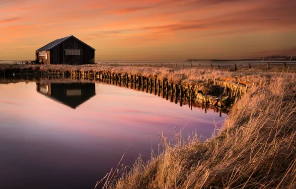 Grass, sunset, water, reflection, barn, marsh
