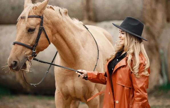 Girl, nature, pose, smile, horse, horse, hat, blonde