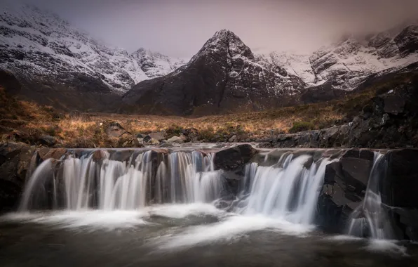 Autumn, mountains, rocks, shore, waterfall