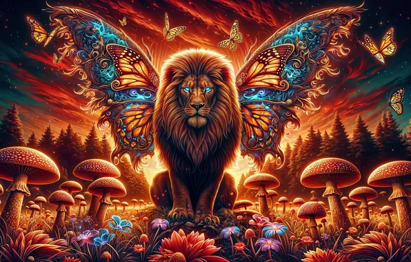 Forest, butterfly, flowers, mushrooms, Leo, fairy