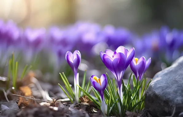 Light, flowers, glade, spring, crocuses, lilac, Krokus, bokeh