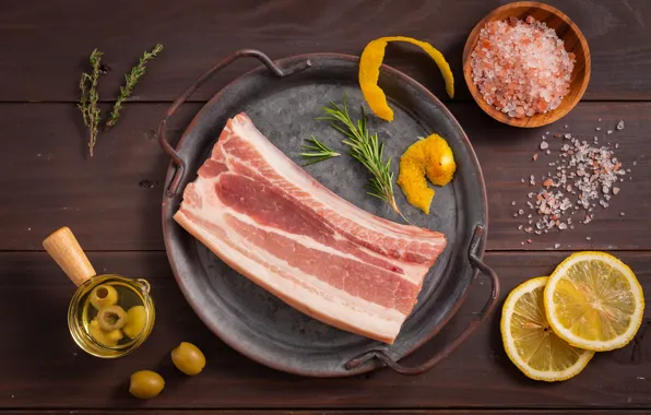 Lemon, meat, olives, salt