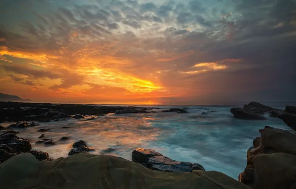 Picture sea, wave, the sky, the sun, clouds, sunset, stones, rocks