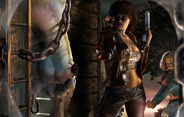 Girl, gun, feet, spider, glasses