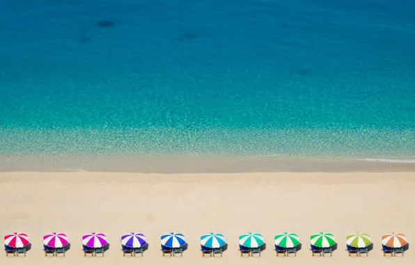 Beach, Greece, Rainbow Umbrellas