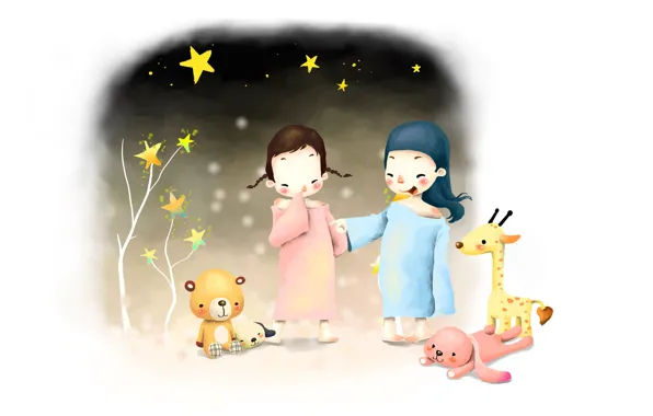 Picture children, girls, toys, figure, hare, stars, giraffe, bear
