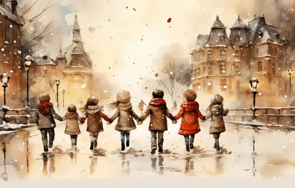 Winter, road, snow, children, the city, holiday, girls, figure