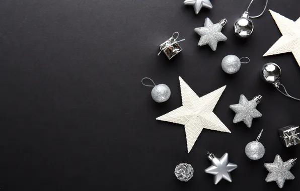 Decoration, balls, New Year, Christmas, silver, black background, black, Christmas
