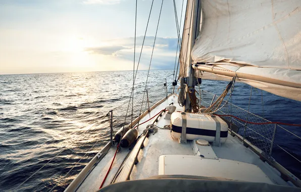 Sea, the sky, the sun, the way, movement, the wind, ship, morning