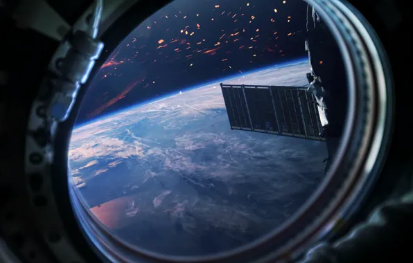 Station, Crash, Planet, Space, View, Earth, The window, Sparks