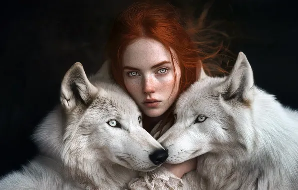Look, girl, light, fantasy, freckles, wolves, white, black background