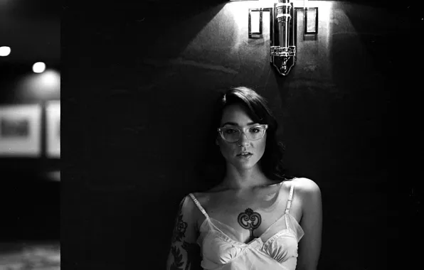 Picture girl, wall, blouse, woman, model, tattoo, black and white, glasses