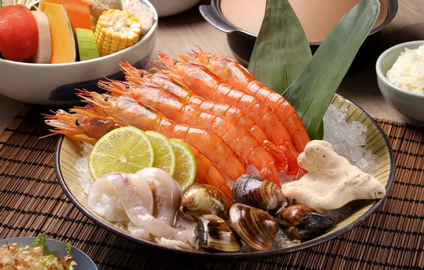 Lemon, vegetables, shrimp, seafood, squid, shellfish