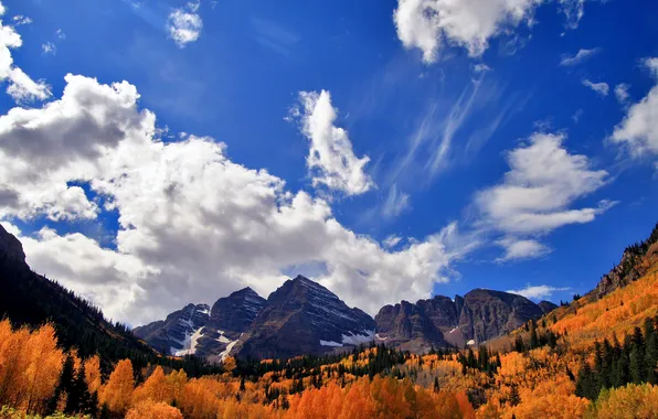 Picture autumn, forest, the sky, clouds, mountains