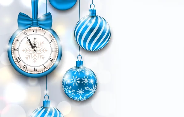 Time, glare, background, holiday, balls, watch, new year, Christmas