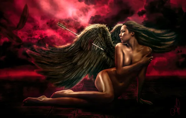 The sky, red, face, pose, fiction, hair, body, wings