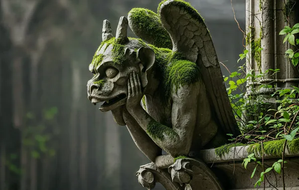 Picture branches, moss, gargoyle, neural network