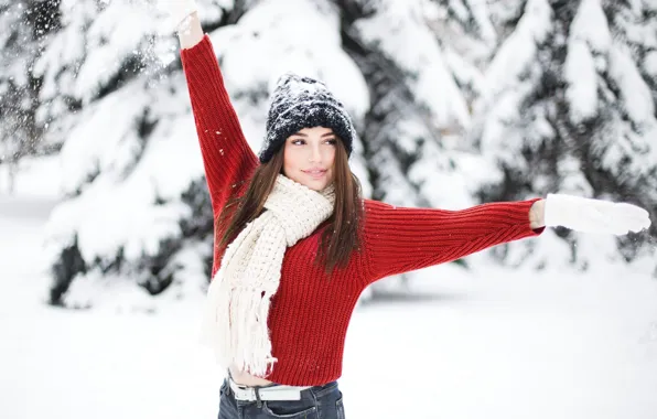 Winter, look, snow, trees, pose, hat, Girl, hands