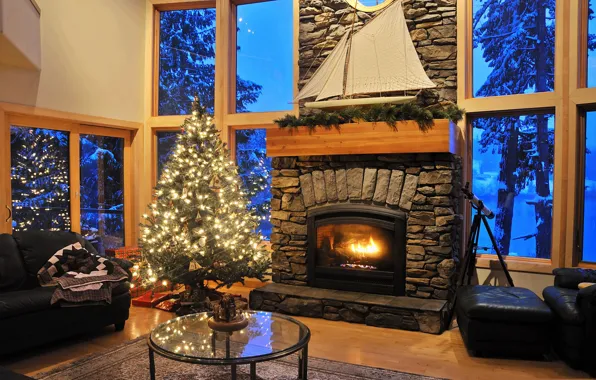 Picture sofa, tree, window, Christmas, fireplace