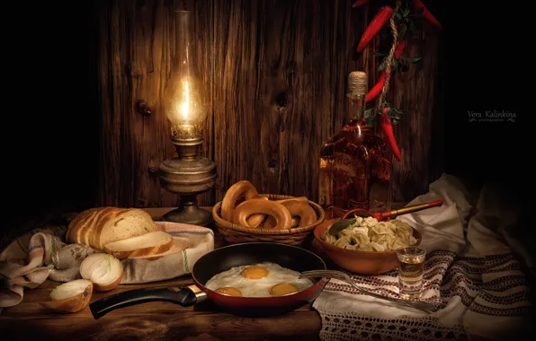 Bottle, lamp, bow, bread, pepper, scrambled eggs, dumplings