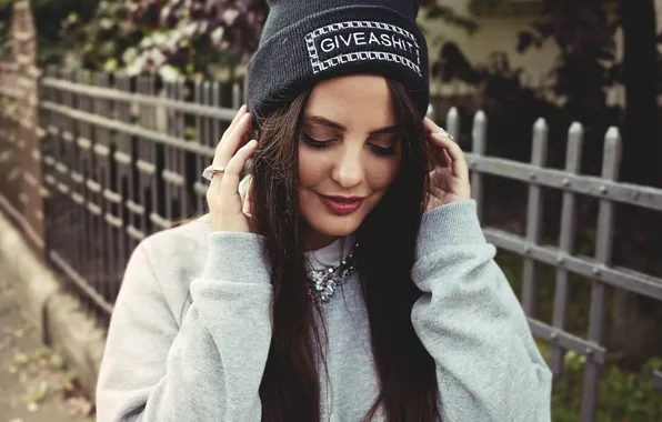 Pose, model, hat, the fence, portrait, hands, makeup, brunette