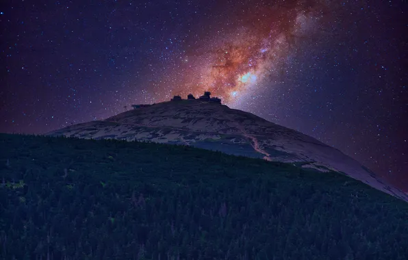 Forest, stars, mountains, night, the slopes, building, Poland, The milky way