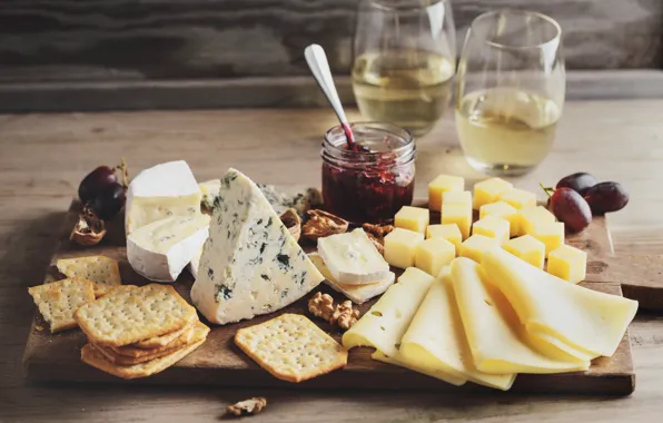 Table, wine, cubes, Board, food, cheese, cookies, glasses