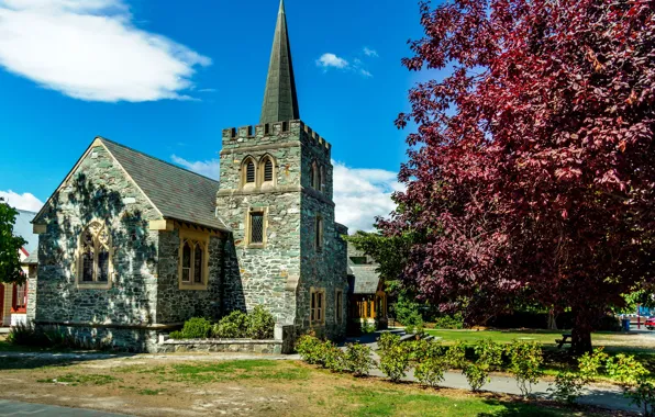 Picture trees, landscape, New Zealand, Queenstown, St. Peter's Church