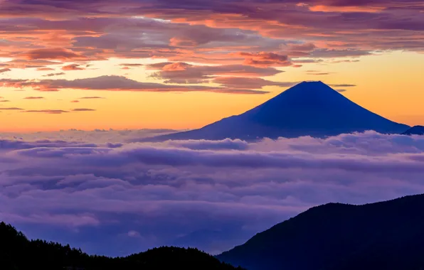Picture the sky, clouds, light, mountain, Japan, Fuji, stratovolcano, Mount Fuji