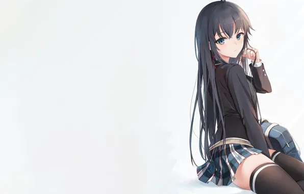 Girl, sexy, blouse, school uniform, thighhighs, long hair, anime, blue eyes