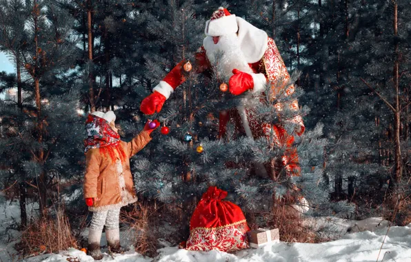 Winter, forest, balls, snow, pose, box, tale, Christmas