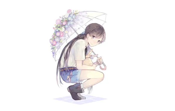 Picture shorts, umbrella, rabbit, girl, white background, boots, sitting, long hair