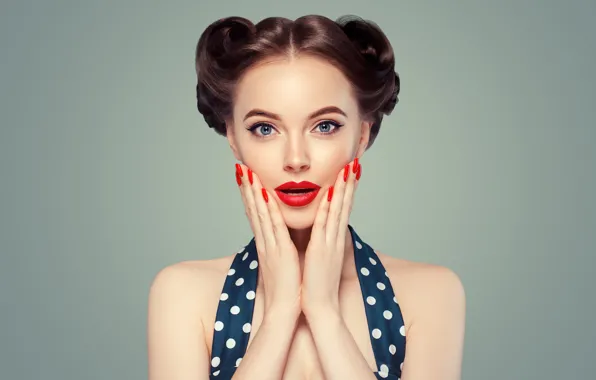 Look, girl, face, style, retro, surprise, hands, makeup