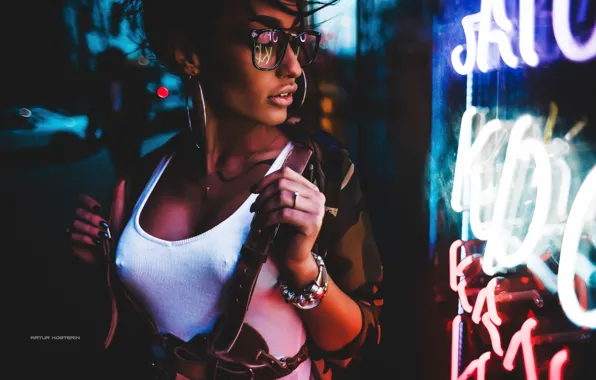 Girl, model, neon, tattoo, nipple through clothing, Artur Kosterin, • tanned